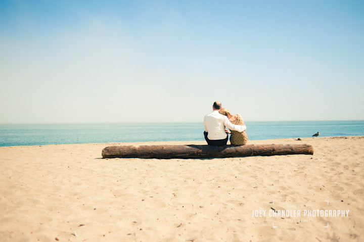 Couple sitting on log looking at the San Francisco Bay at Crissy Field