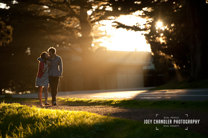 Couple walking in Golden Light in San Franciso's Presidio