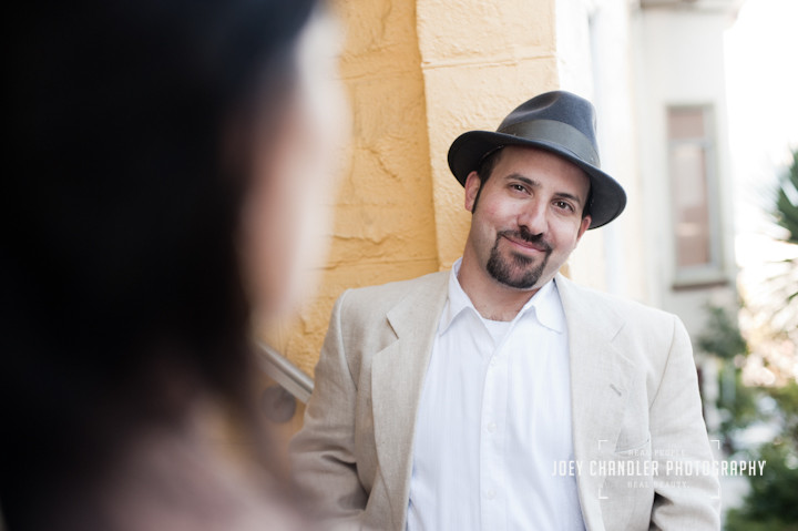 Man looking at his fiance in San Francisco's North Beach