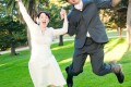 Couple jumping at Sutro Heights Park by San Francisco Wedding photographer Joey Chander