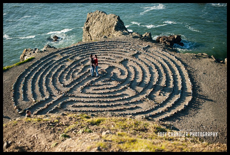 Finding their way in the San Francisco labyrinth Engaged couple standing in the middle of the San Francisco Labryrinth
