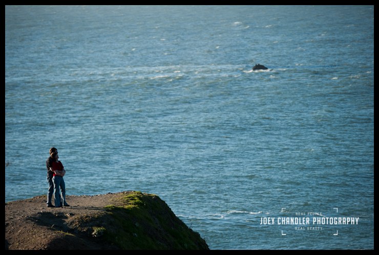 Engaged couple hugging along the blue San Francisco Bay - San Francisco Engagement Photography