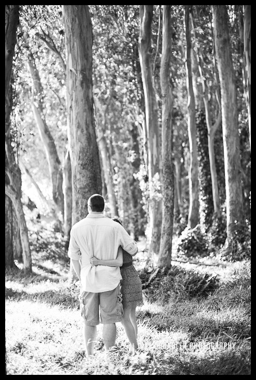 A sweet moment during engagement photographers in the Presidio Engagement Photograph of hugging couple in Presidio trees