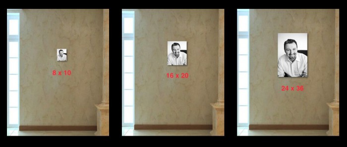 Sample portrait sizing Sample portrait displayed in three sizes on a wall