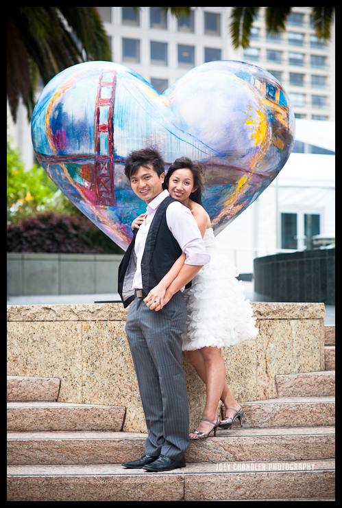 A San Francisco's heart moment Engaged couple standing in from of a San Francisco Heart in Union Square.