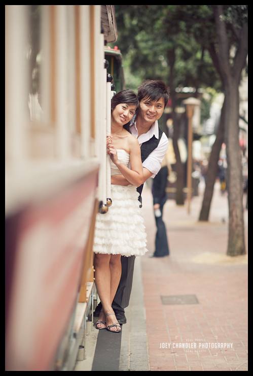 Hanging out on a San Francisco Cable car Engagement photos on a cable car in San Francisco