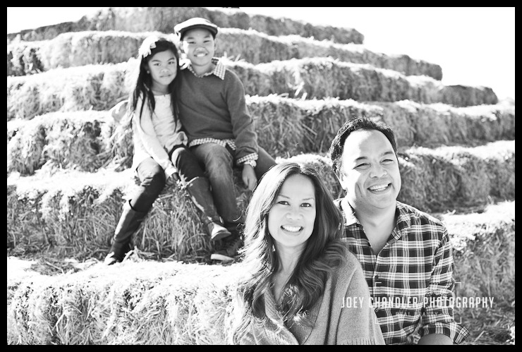 Family of four sitting on stacks of haybales in Perry's Pumpkin Patch